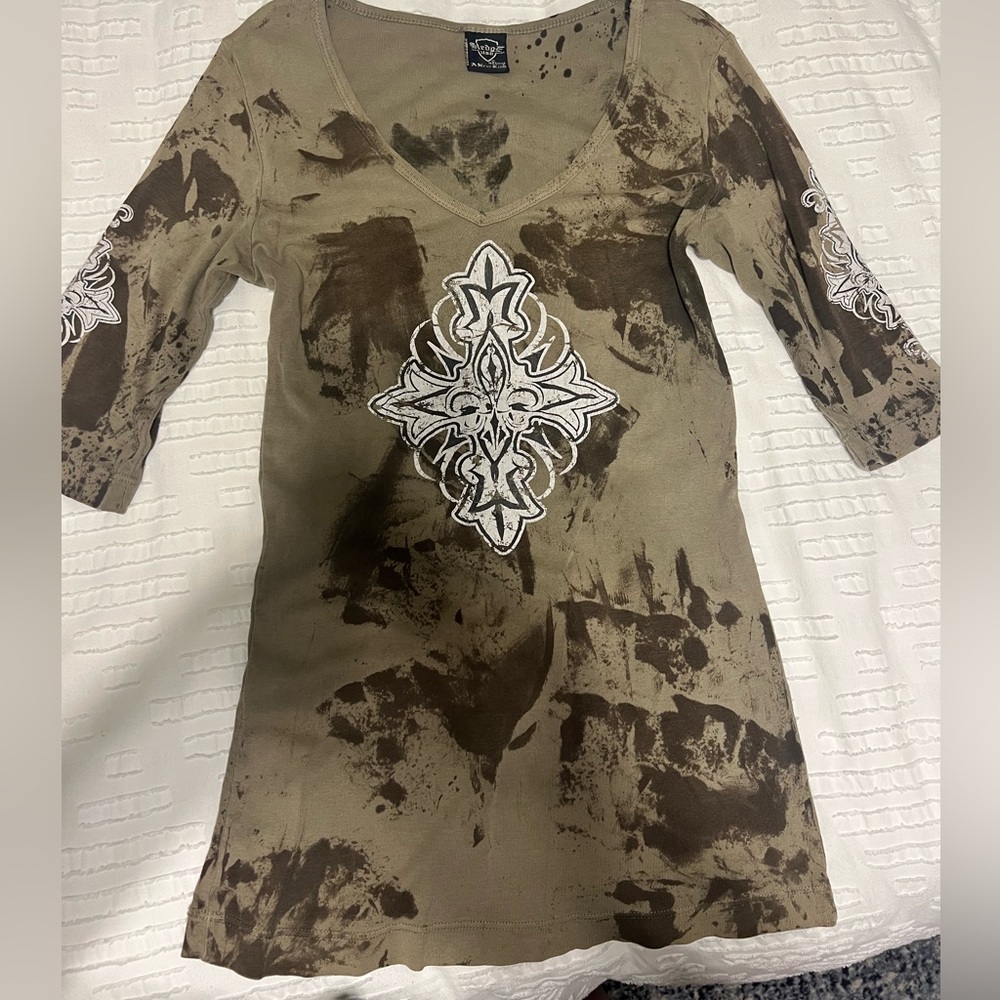Sledge Camo Green Brown Graphic Women Top Vintage EUC